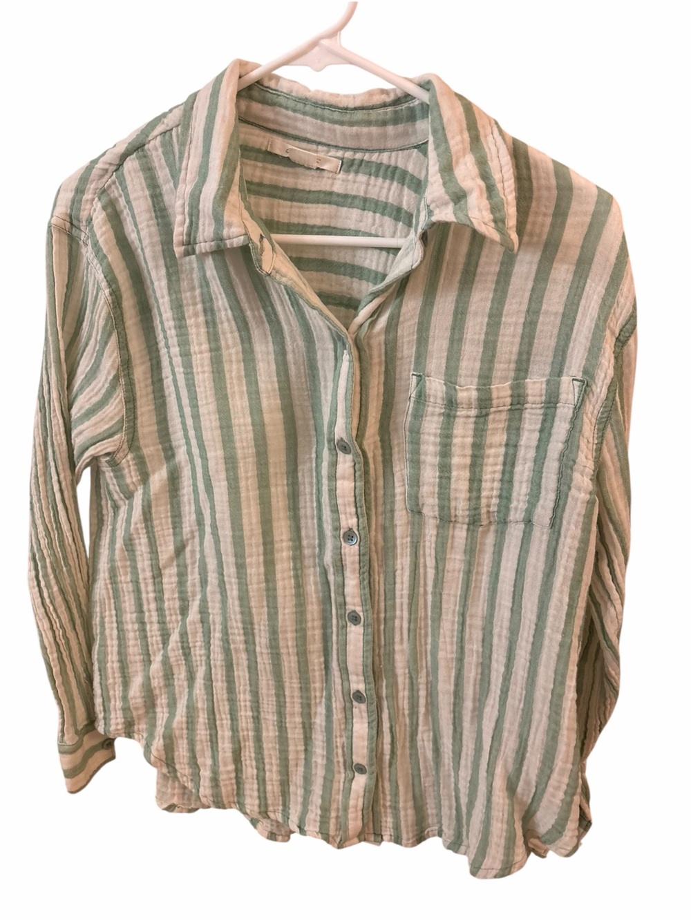 Light Green and White Striped Button-Front Womens Shirt